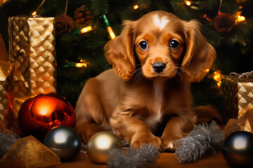 Portrait of young puppy posing against Christmas background.  illustration of celebrating Christmas with dog