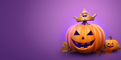 Happy halloween with orange pumpkin cartoon With a crown on top on light purple background with space. generative ai