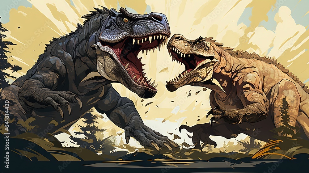 Poster two dinosaurs fighting each other in a field with trees in the background. generative ai