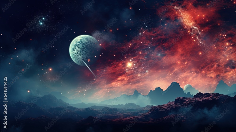 Poster a distant planet in the sky with a distant star in the background. generative ai