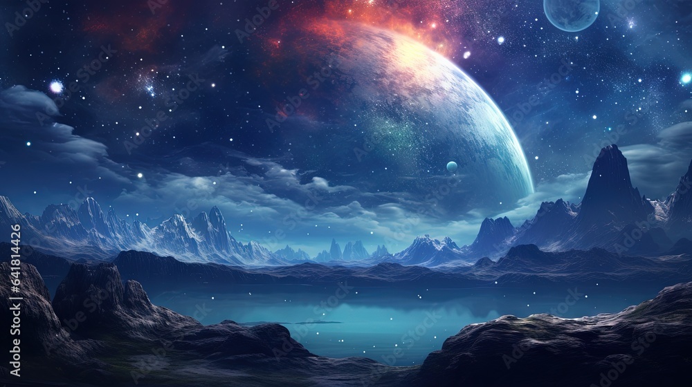 Poster a painting of a planet with mountains in the background and stars in the sky. generative ai