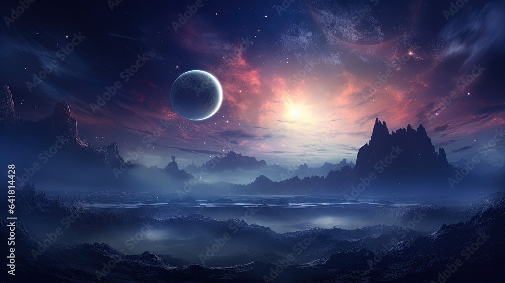 Poster a painting of a planet in the sky with mountains and a moon in the background. generative ai