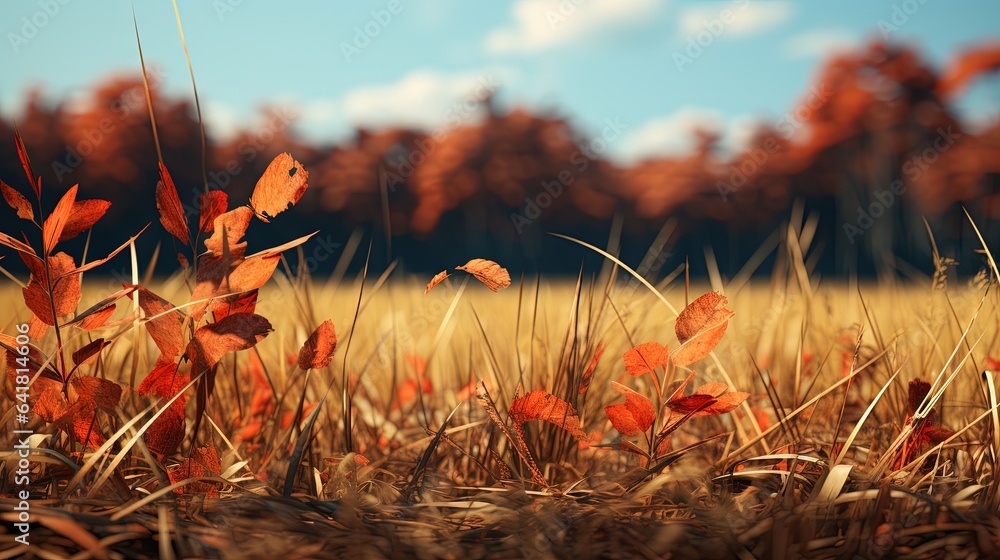 Poster a field with grass and red leaves in the foreground. generative ai