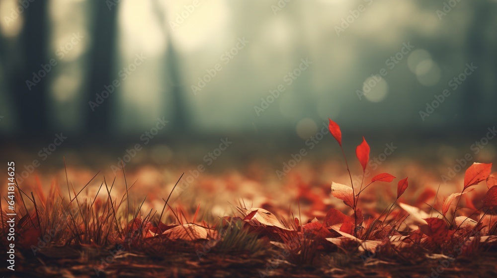 Poster a field with red leaves on the ground and trees in the background. generative ai
