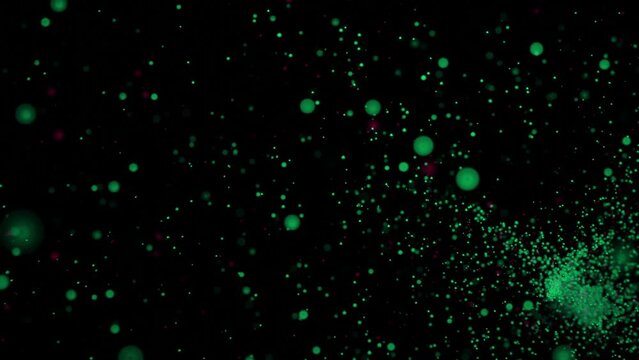 Storm of many colored dots. Design. Swarming stream of colored dots on black background. A lot of points in fast stream move like swarm