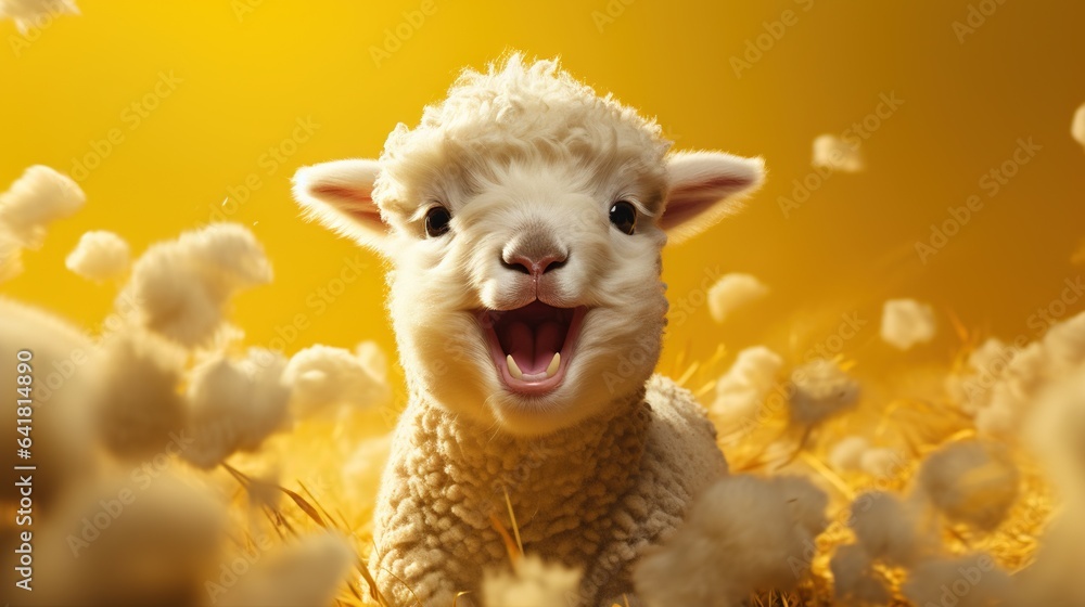 Poster a white sheep with it's mouth open in a field of cotton. generative ai