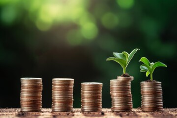 Seedlings are growing on the Coins stack with cubes. business growth, profit and succeed Development to achieve the 2024 target. Strategic planning coupled with environmental, Generative AI