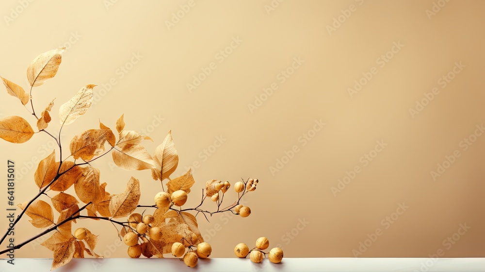 Poster a branch of a tree with leaves and nuts on it. generative ai