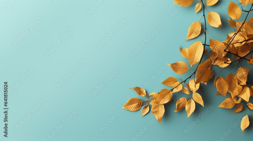 Poster a branch of a tree with leaves on a blue background. generative ai