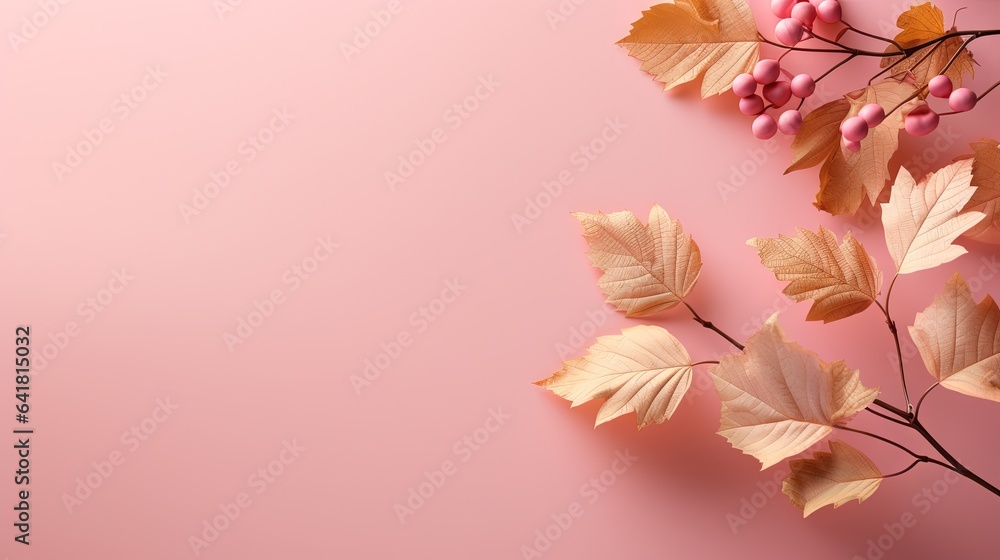 Poster a branch with leaves and berries on a pink background with copy space. generative ai