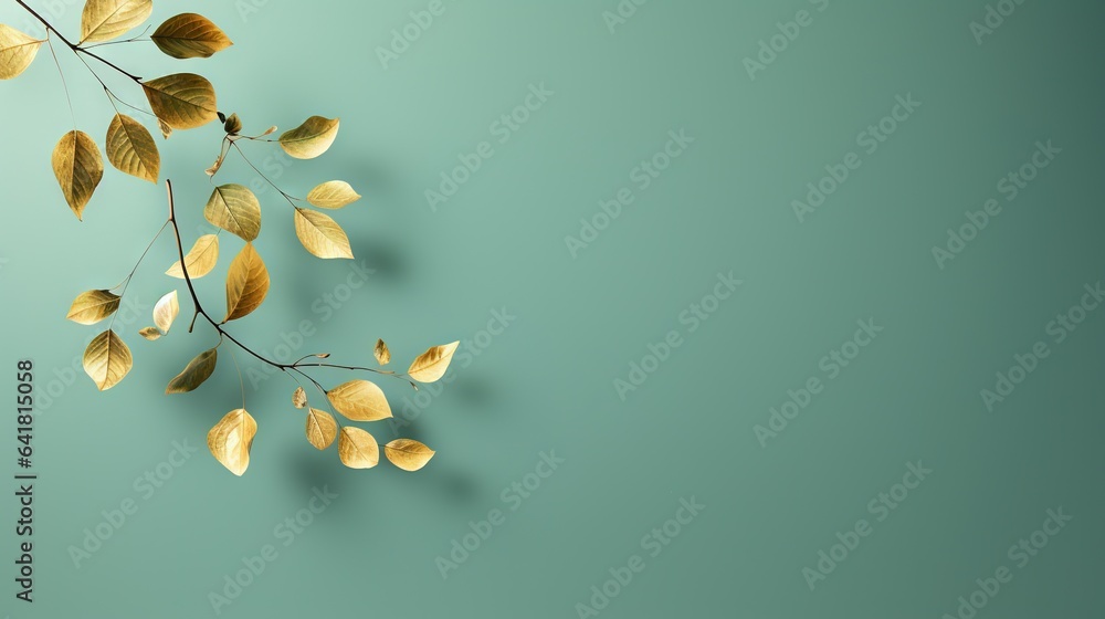 Poster a branch of a tree with leaves on a green background. generative ai