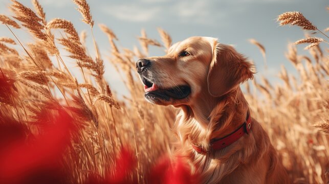  a golden retriever dog standing in a field of tall grass.  generative ai