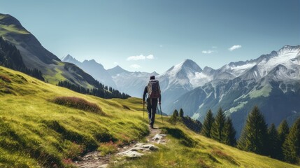 Male hiker, full body, view from behind, walking on a trail in the alps