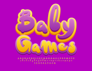 Vector artistic logotype Baby Games. Playful handwritten Font. Funny bright Alphabet Letters, Numbers and Symbols set