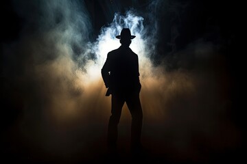 Mysterious Backlight Silhouette of a Person Standing in Smoke with Light Painting Effect