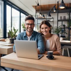 Business portrait of couple - man and woman, work team, smiling and sitting the office desk with laptop, looking to the camera