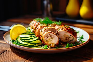 Roasted Stuffed Pork Loin with Lemon Courgette Salad on Plate - Still Life for People