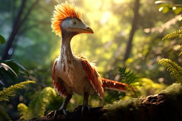 Prehistoric Oviraptor in Jungle during Cretaceous Period. 3D Render of Bird-like Dinosaur, Extinct Fauna of Asia - obrazy, fototapety, plakaty