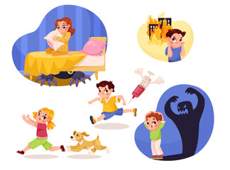 Childhood Fears with Little Kid Character Afraid of Fire, Monster, Syringe and Dog Vector Set