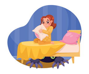 Childhood Fear with Little Girl Character Afraid of Monster Under Bed Vector Illustration