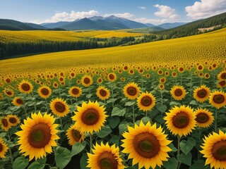 Fototapeta premium Beautiful sunflowers field on a background. Sunset and blue sky, landscape scenery. Generative AI