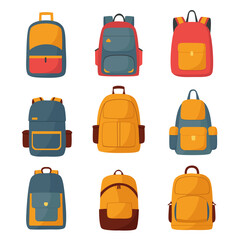 Set of school backpacks, school bags. Front view travel bags in cartoon flat style. Isolated vector illustration