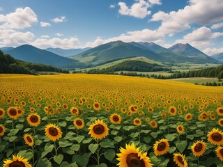Obraz premium Beautiful sunflowers field on a background. Sunset and blue sky, landscape scenery. Generative AI