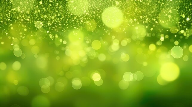 Lime green, chartreuse green blurred bokeh abstract background. Glitter lights and sparkle. Blurred soft vintage seamless card, banner.