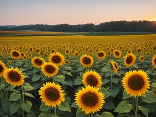 Obraz premium Beautiful sunflowers field on a background. Sunset and blue sky, landscape scenery. Generative AI