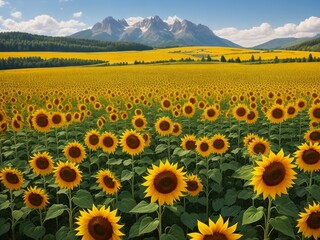 Obraz premium Beautiful sunflowers field on a background. Sunset and blue sky, landscape scenery. Generative AI