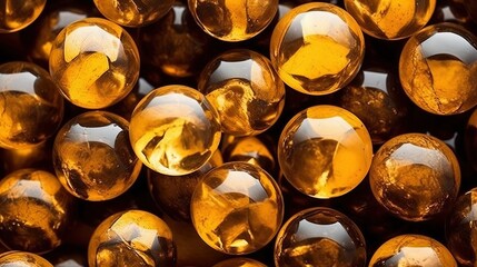 Golden, brown, gold marbles for a successful Christmas background. Round shiny gold spheres of glass sparkling.