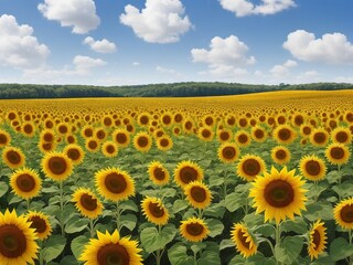 Fototapeta premium Beautiful sunflowers field on a background. Sunset and blue sky, landscape scenery. Generative AI