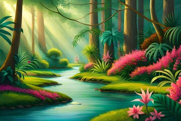 tropical island with palm tree, In the heart of a colorful tropical paradise jungle, golden lily pads and pink flowers bloom vibrantly around a meandering stream.