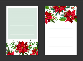 Red Christmas Flower Card Design with Blooming Bud and Green Twigs Vector Template