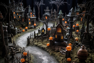 Halloween background with Scary Cute model in the spooky village scene, cemetery and gravestone on graveyard area at night.