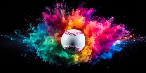 baseball in explosion of colored neon powder isolated on black background | Generative AI