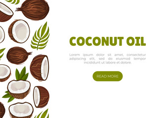 Coconut Oil Web Banner Design with Palm Leaf and Nut Shell Vector Template