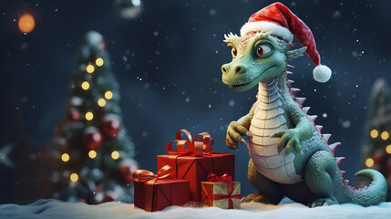 Fantastic little and cute dragon in Santa's hat near Christmas gifts and New Year tree. New year 2024.