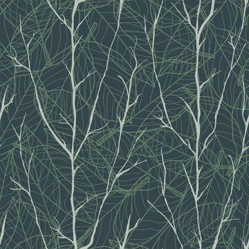 Vector grey branches leaves dark seamless pattern