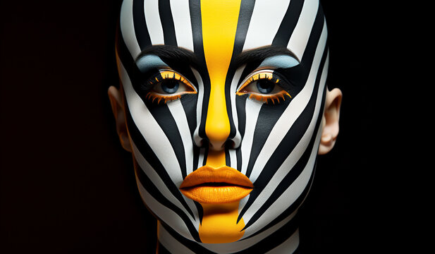 Fantasy face painting, zebra look, in yellow and black. AI generated