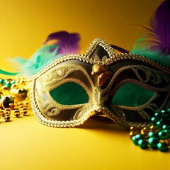 Mardi Gras mask and beads on a yellow background. The mask is gold and black with green and purple feathers on the sides. The beads are gold, green, and purple. The background is a solid yellow color.