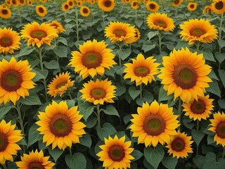 Beautiful sunflowers field on a background. Sunset and blue sky, landscape scenery. Generative AI