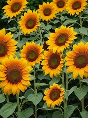 Fototapeta premium Beautiful sunflowers field on a background. Sunset and blue sky, landscape scenery. Generative AI