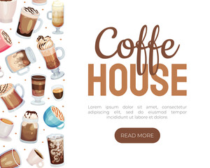 Coffee House or Shop Banner Design with Aromatic Drink in Cup and Glass Vector Template