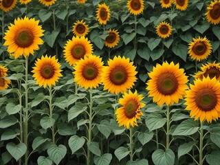 Beautiful sunflowers field on a background. Sunset and blue sky, landscape scenery. Generative AI