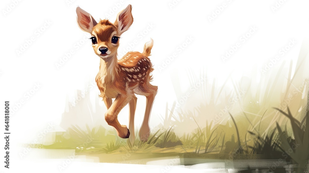 Poster a little deer running through a grass covered field with a white background. generative ai