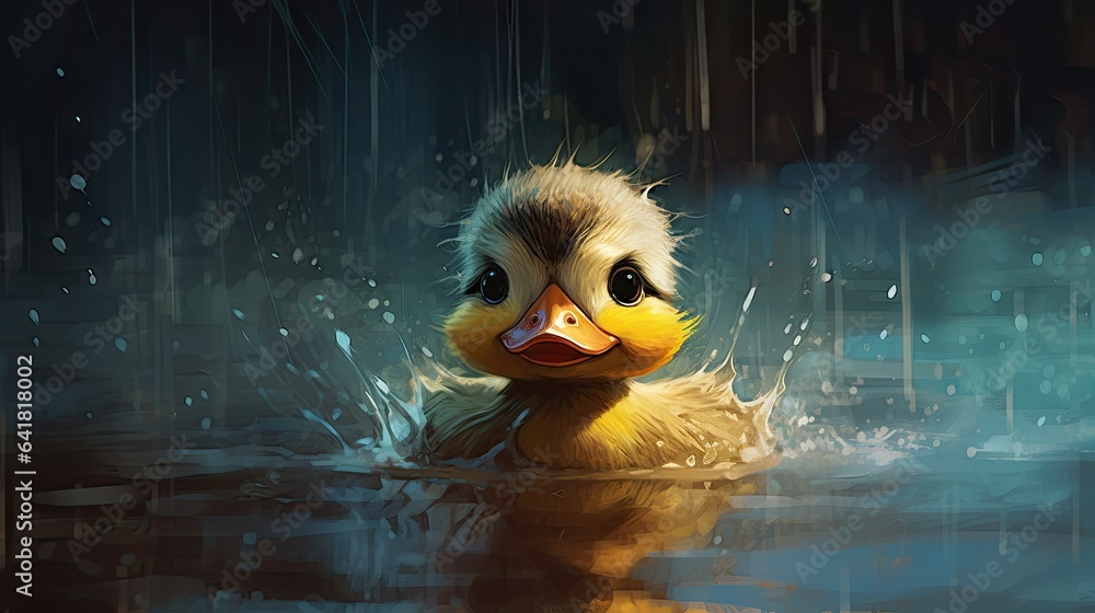 Poster a painting of a duckling swimming in a pool of water. generative ai
