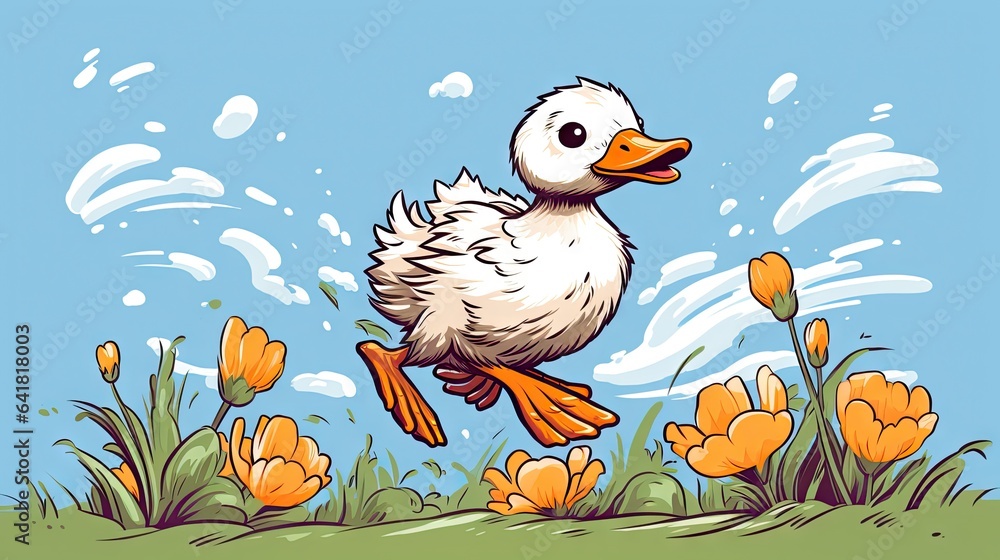 Poster a cartoon duck is running through a field of yellow flowers. generative ai