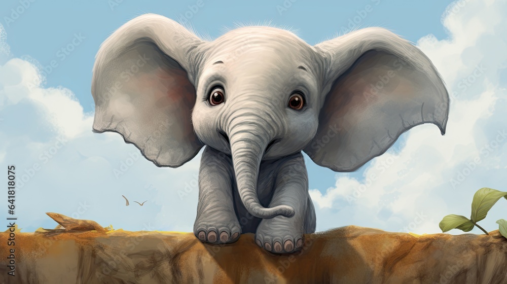 Poster an elephant is standing on a cliff with a sky background. generative ai
