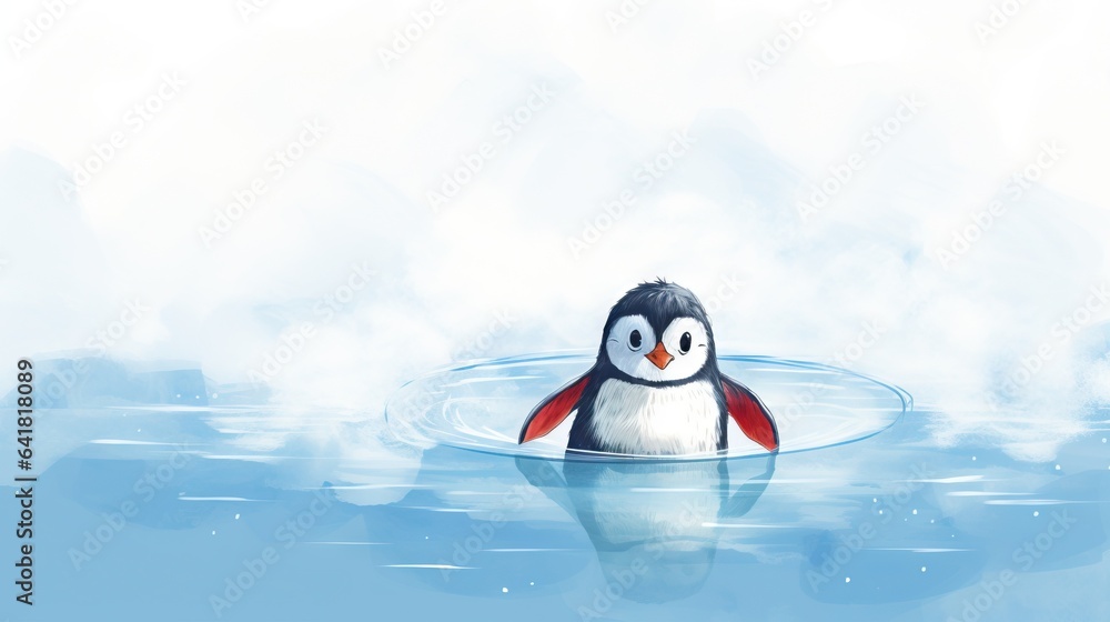 Poster a penguin floating in a body of water with a sky background. generative ai